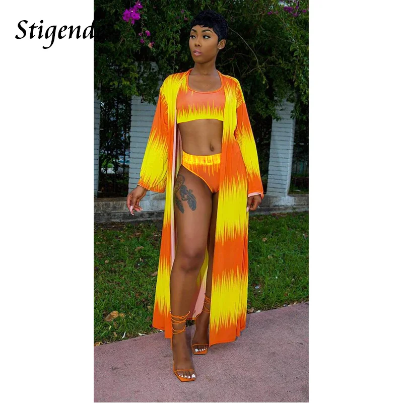 

Stigende Women Summer Beach 3 Pcs Bikini Set Long Sleeve Swim Wear Cover Up Shirt Ladies Fashion Print Three Piece Swimsuit Set