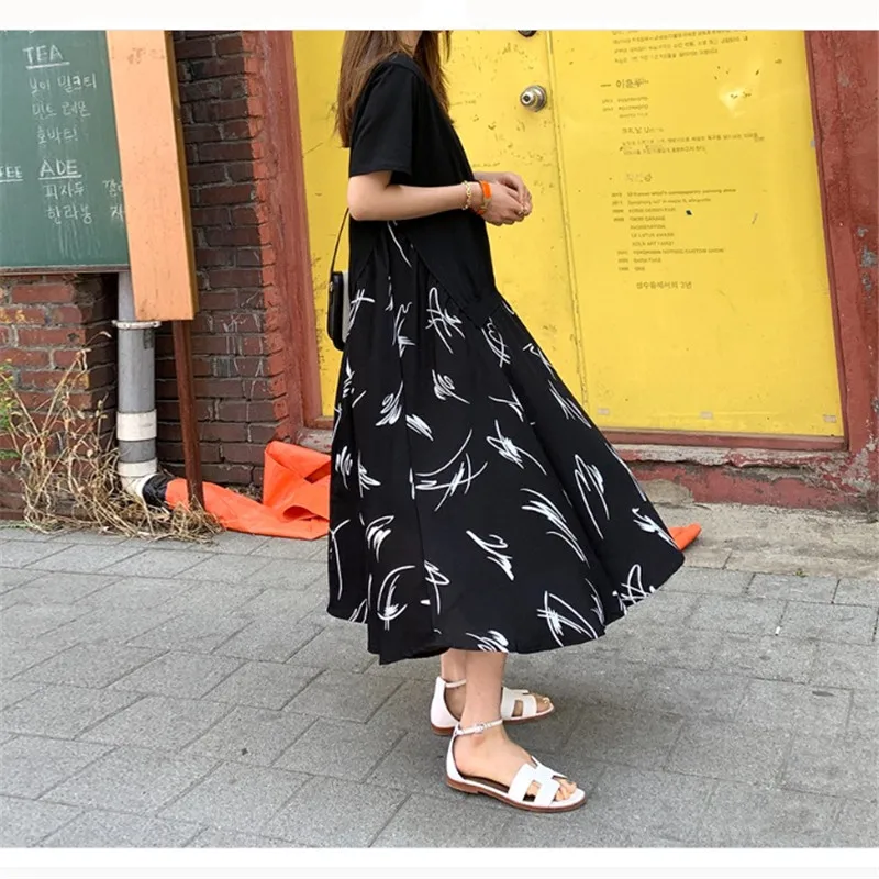 

New Hong Kong style hit color floral loose short-sleeved dress slimming plus size stitching skirt women