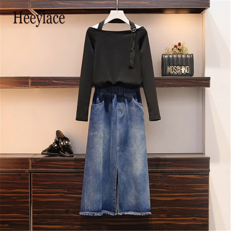 Женская Однотонная футболка с открытыми плечами размера плюс + длинные джинсовые