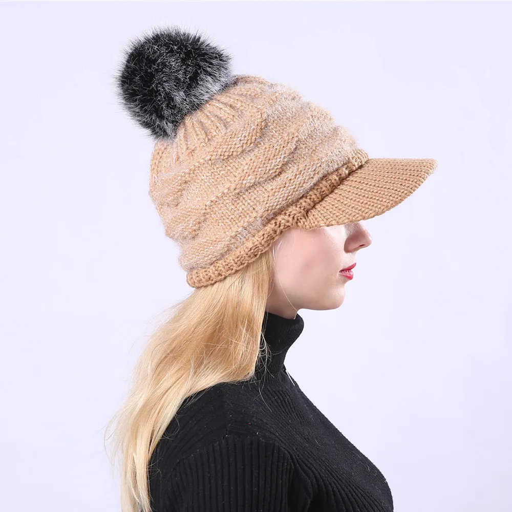 Модная шапка с помпонами для женщин, женские шапки Skullies, теплая меховая женская шапка, зимняя шапка, Брендовая женская шапка