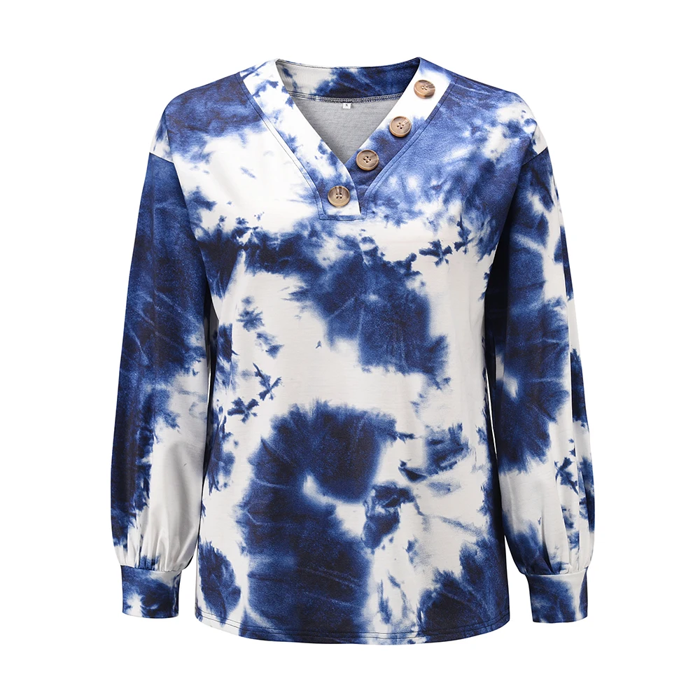 

Autumn V-Neck Button Lantern Long Sleeve Sweatshirt Ladies Loose Pullover Tops Printed Hoodies Women Casual Street Style Hoody