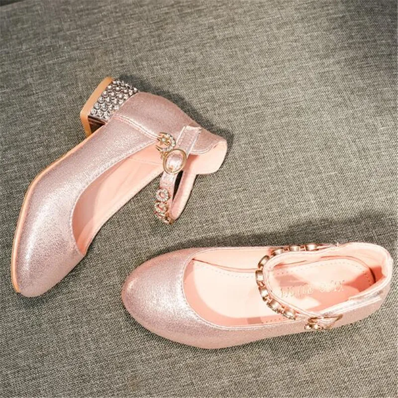 

New Girls Shoes High Heels Princess Student Performance Dance Shoes Children Fashion Rhinestone Leather Shoes Kids 041