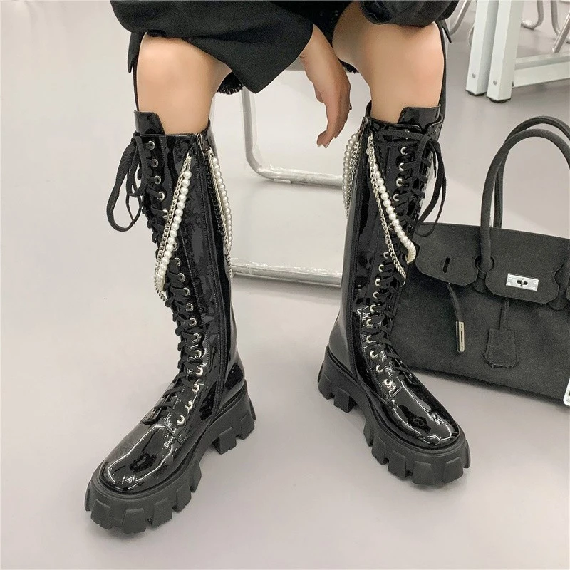 

Pearl Chain Platform Knight Boots for Women Cross-tied Warm Velvet Knee-high Boots Zipper Cow Patent Leather Woman High Boots