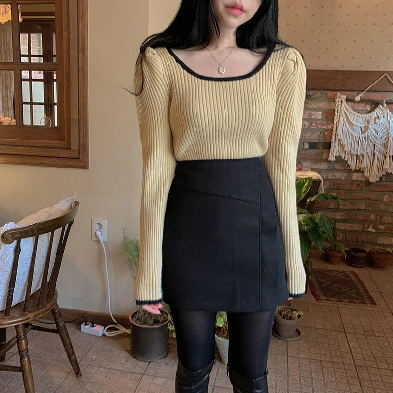 RICININA Knitted Sweater Women Jumper 2020 Long Puff Sleeve U Neck Solid Elegant Casual Wool Pullover Woman Spring | Женская одежда