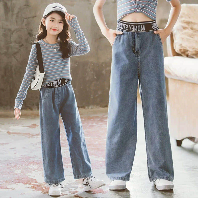 

Girls' trousers spring and autumn new striped tops plus denim wide-leg trousers loose middle-aged kids Korean fashion net infrar
