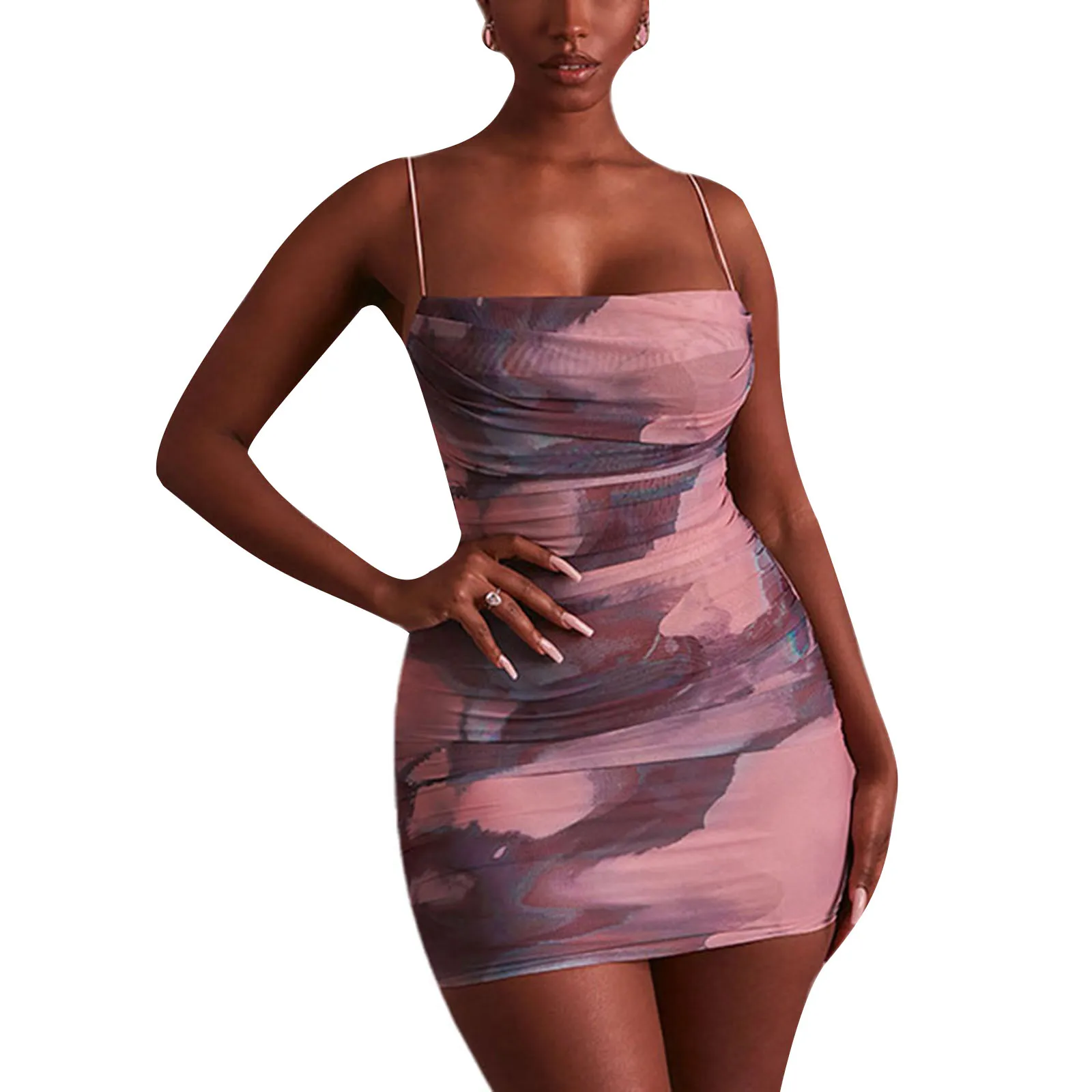 

Women Summer Ruched Dress, Adults Tie-up Gradient Print Boat Neck Cross Spaghetti Strap