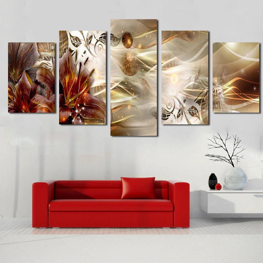 

Red Flowers 5 Piece Canvas Flower Art Fractal Abstract Paintings On Canvas Wall Art For Home Decoration Unframe