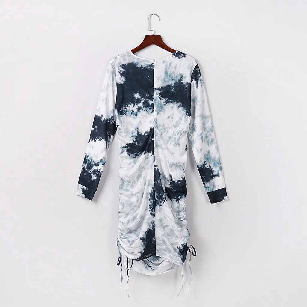 

Sexy Drawstring Bandage Party Bodycon Dresses Women Long Sleeve Fashion Club Sexy Sundress Skinny Print Tie Dye Mini Dress Z0819