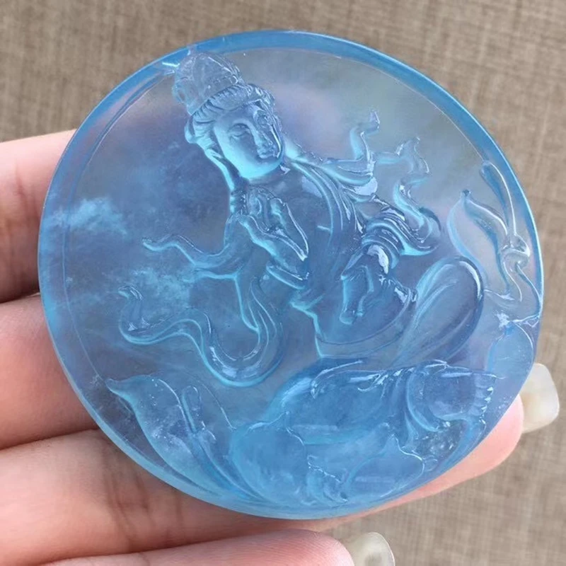 

Natural Hailanbao Guanyin Statue Round Pendant Seawater Deep Blue Crystal Clean Blue Carver Exquisite Buddha Necklace Jewelry