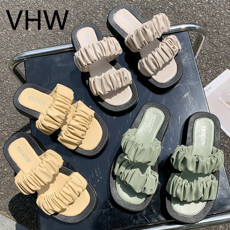 

Women Narrow Band Platform Pleated Slippers Outdoor Open Toe Elegant Solid Sandals Women Brand Design Summer Shoes Women