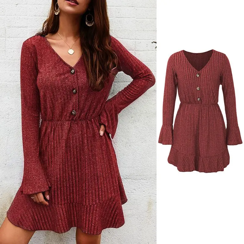 

Women Flare Sleeve Ribbed Knit Ruffles High Waist V-Neck Buttons Swing Dress