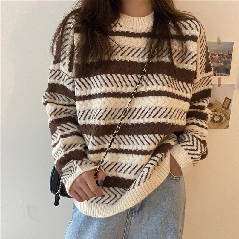 

Korean Oversized Women Stripe Sweater Autumn Winter Long Sleeve Pullover Tops Korean Ladies Knitted Patchwork Sweater