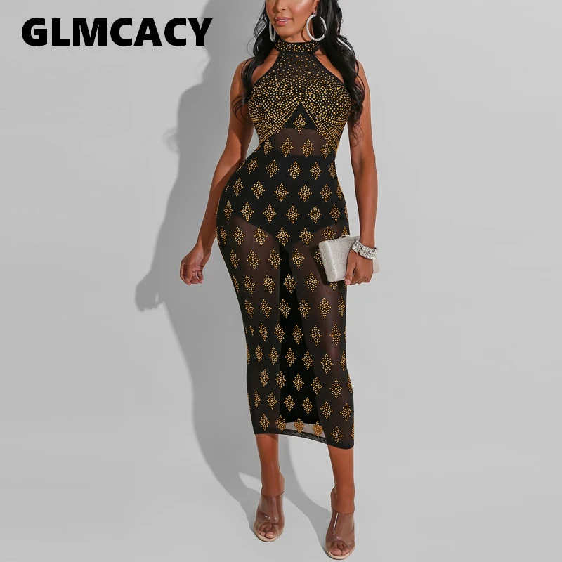 Женское прозрачное сексуальное платье миди со стразами Сетчатое без рукавов