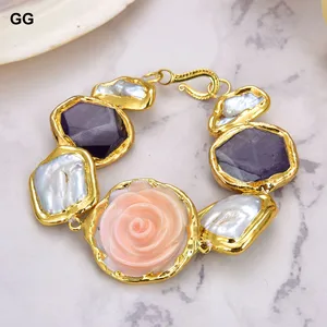 GuaiGuai Jewelry Cultured White Pearl Amethyst Pink Queen Conch Coral Flower Gold Plated Bracelet 8"