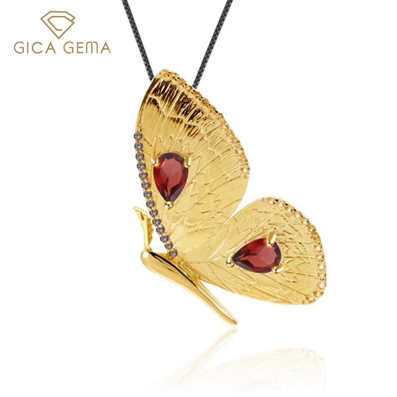 

GICA GEMA реальные 925 Серебряное ожерелье подвески для женщин натуральный гранатовый камень и бабочкой из кристаллов Необычные кулон ювелирные...