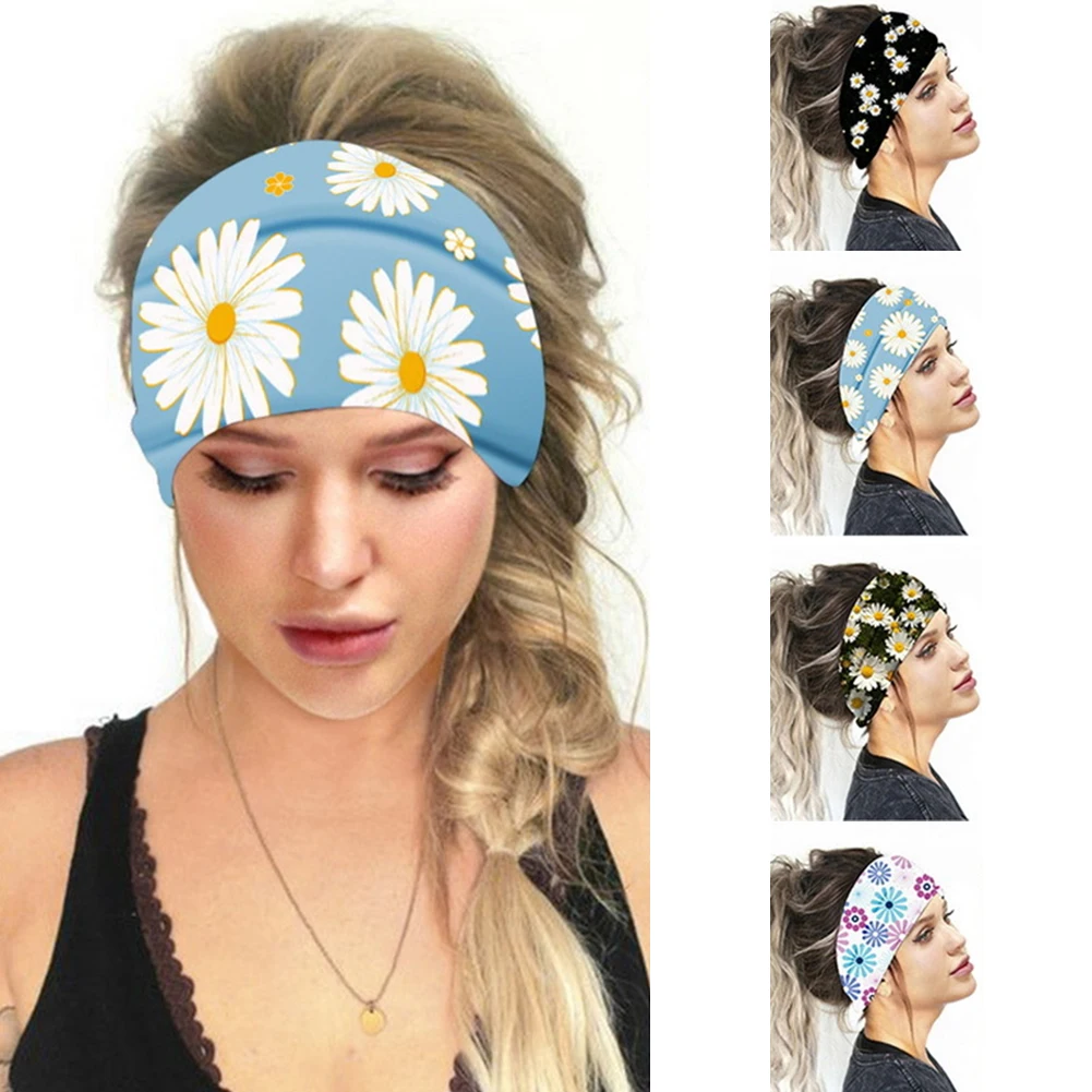 

Women Daisy Flower Printed Headband Bandanas Wide Fashion Breathable Soft Sports Yoga Hair Band Headdress Hair Accessories