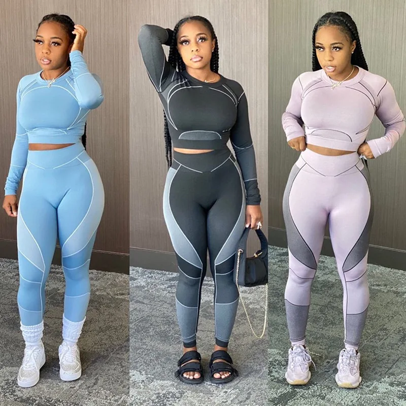 

Women Sets Elastic Tracksuit 2 Piece Long Sleeve Crop Top Pants Leggings Sportswear Joggings Workout Fitness Suits Streetwear