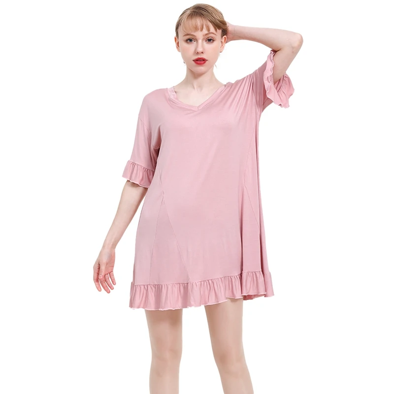 

Summer Women's Night Dress Solid Color Modal Cotton Home Clothes Cotton Nightgown Home Wear Mid-length Pink