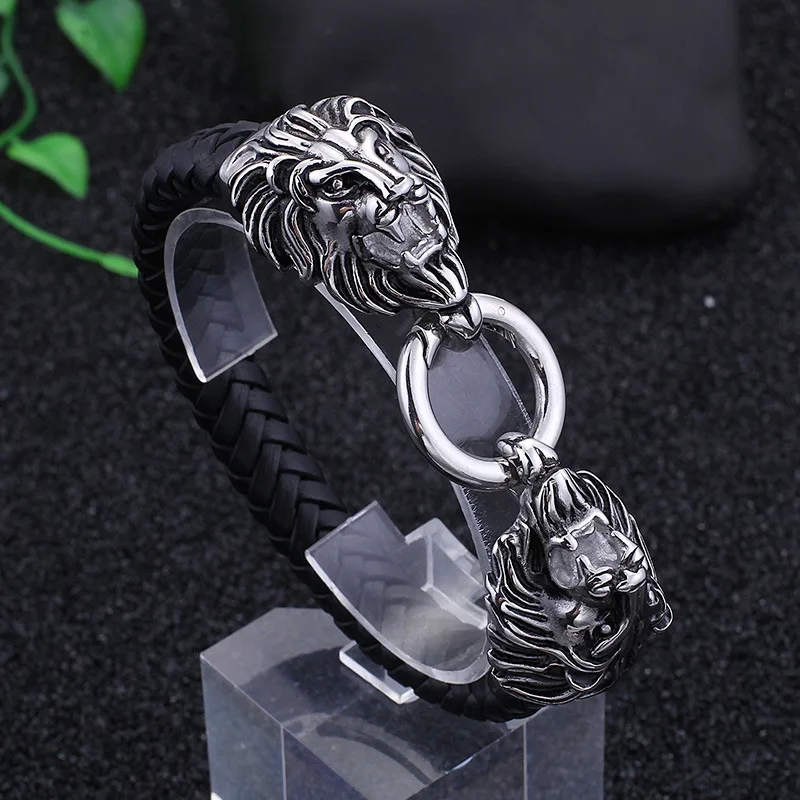 

New Punk Jungle King Metal Lion Buckle Leather Bracelet Fashion Men's Hip-Hop Rock Riding Jewelry Gift