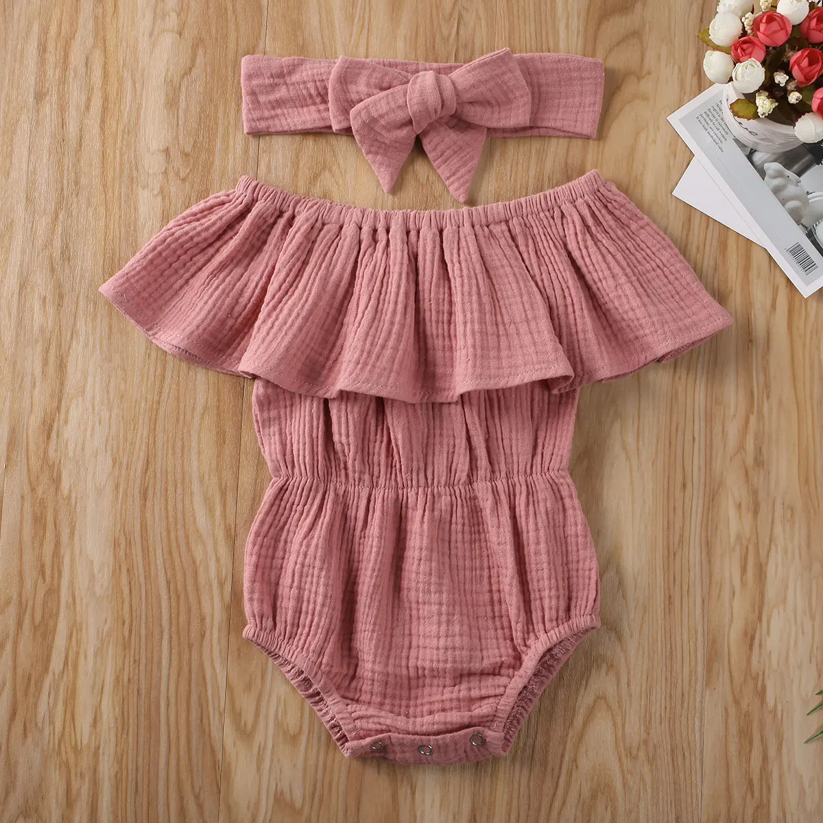 

Toddler Infant Baby Girl Bodysuit Off Shoulder Summer Solid Pure Color Jumpsuit Playsuit Clothing Ruffle Playsuit Headband