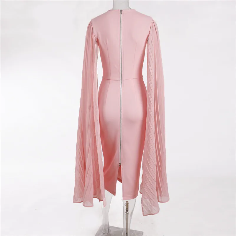 

Autumn Women Elegant Patchwork Long Pleated Split Long Cloak Sleeve Bodycon Dress O-Neck Midi Dresses Party dress for women