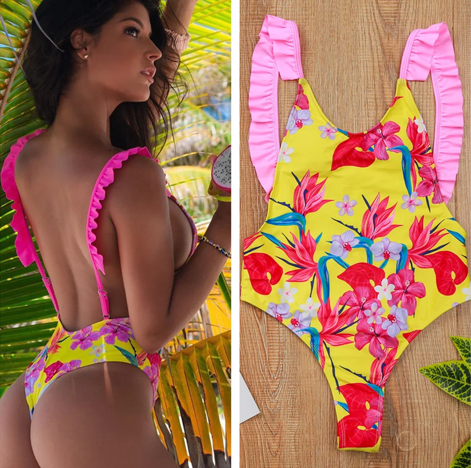 Отпечатано рюшами купальник Для женщин Бандажное Одна деталь сексуальный