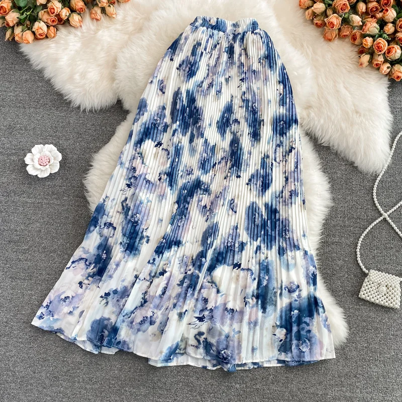 

Юбка женская трапециевидная с завышенной талией, облегающая плиссированная юбка средней длины до колен с принтом, с поясом на резинке