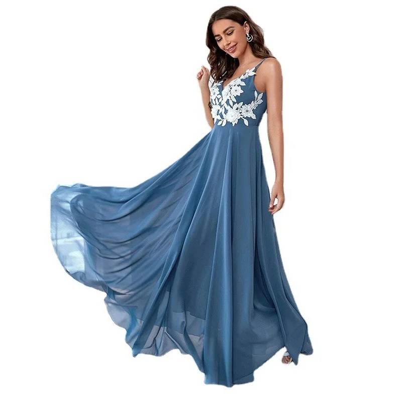 

Women's Summer 2021 New Color Temperament Commuter Sling High Waist Fashion Chiffon Floor-Length Formal Dress for Party