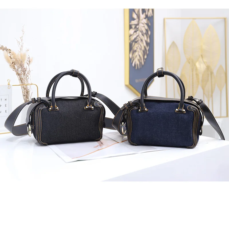 

Trend New Small Boston Handbags Women Designer Famous Brand Bags Top Handle Blue Denim Hand Purse Dropshipping Bags Female Totes