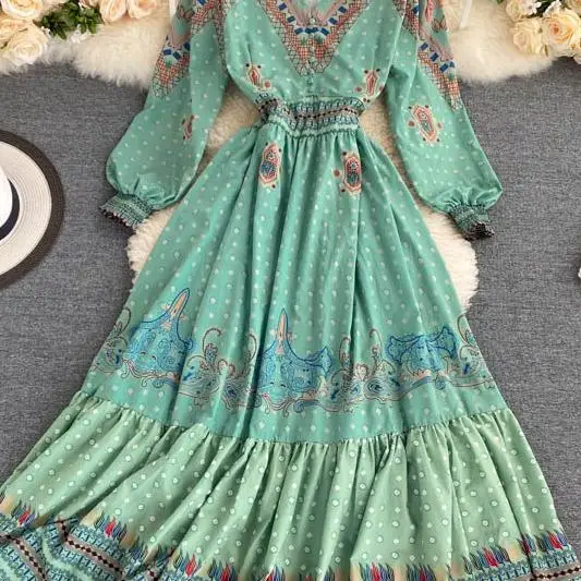 

Spring Autumn Women's Dress European Style V-neck Contrasting Color Print Dress New Waist Waist Slim Long Sleeve Dresses Robes