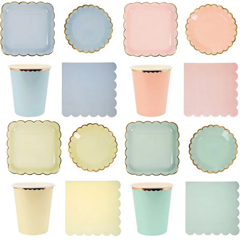

Solid Color Disposable Tableware Set Blue Pink Bronzing Paper Plate Napkin Cup Baby Shower Birthday Decoration Party Supplies