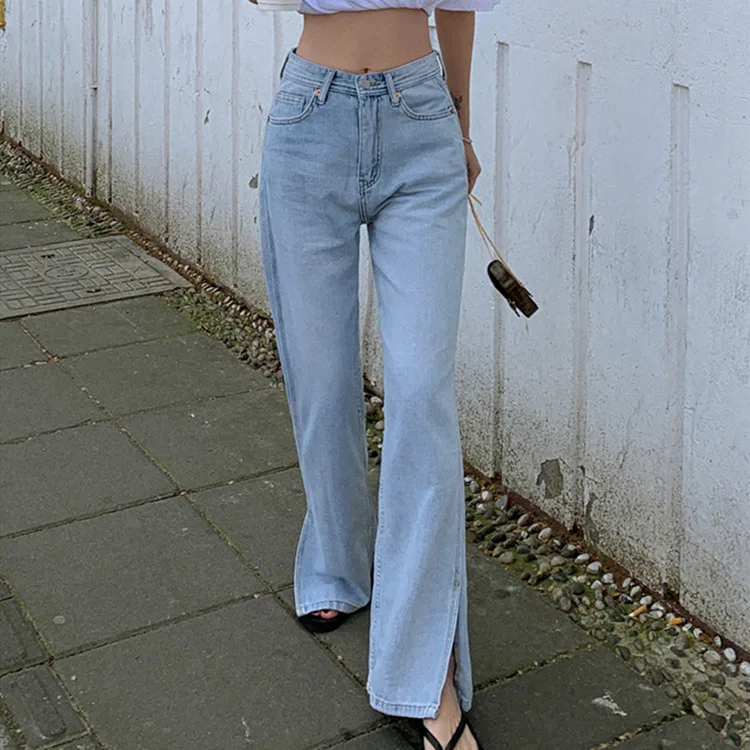 

Y2K 2021 женские весенние джинсы с высокой талией, повседневные Прямые джинсовые брюки, уличная одежда, дикие широкие брюки с разрезом