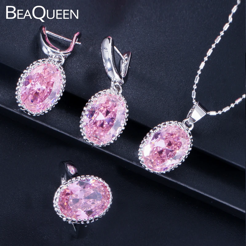 

BeaQueen Fashion Summer CZ Stones Jewelry Sets Big Oval Pink Austrian Crystal 3 Pcs Women Necklace Earring Ring Set JS020
