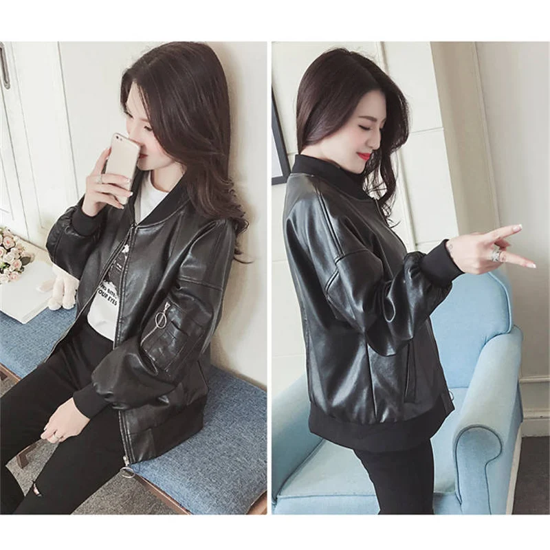 Женская куртка-бомбер Sungtin черная Свободная куртка из искусственной кожи на