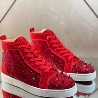 high top red sea cucumber shoes suede leather full rhinestone rivets red bottom men casual flats loafers sneakers women spikes