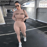 fagadoer lucky label print outfits womens tracksuit autumn long sleeve crop top legging pant casual two piece set activewear