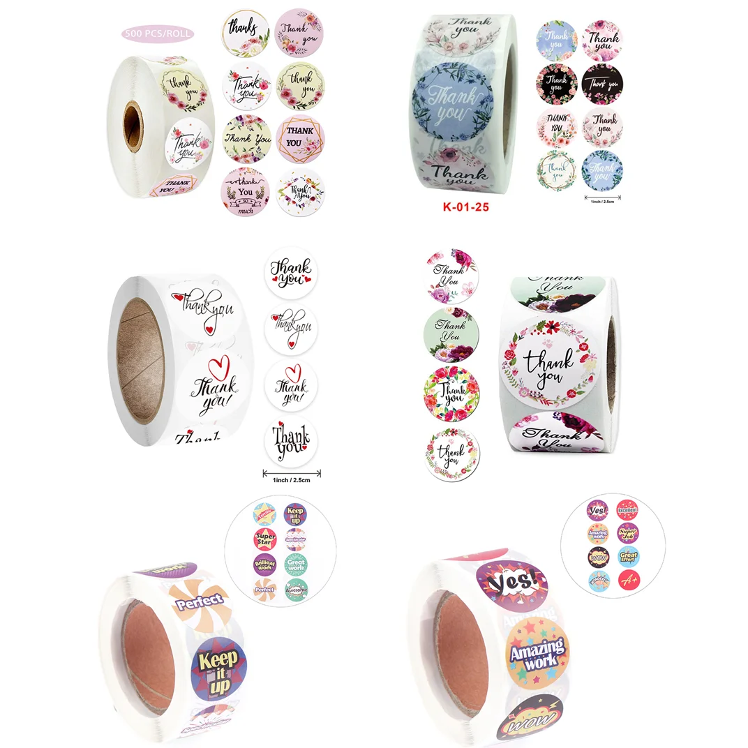 

500pcs/roll Flowers Heart THANK YOU Adhesive Stickers Scrapbooking Stationery Cake Biscuit Baking Sealing Labels Gift
