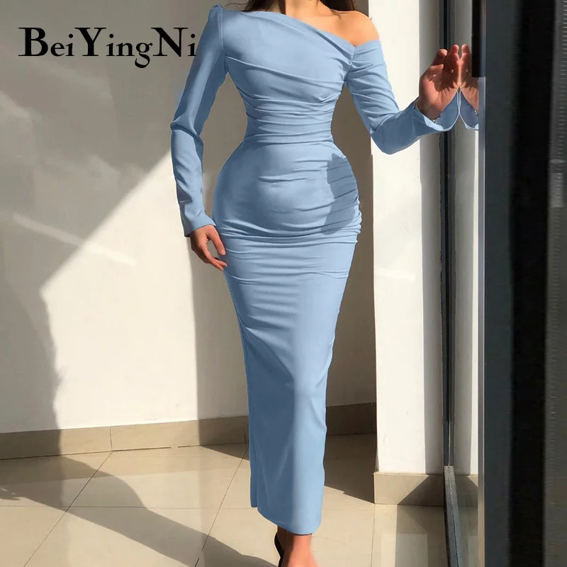 

Beiyingni Women Dress Long Sleeve Diagonal Collar Folds Ladies Midi Dresses Sexy Package Hip Vintage Elegant Feminine Vestidos