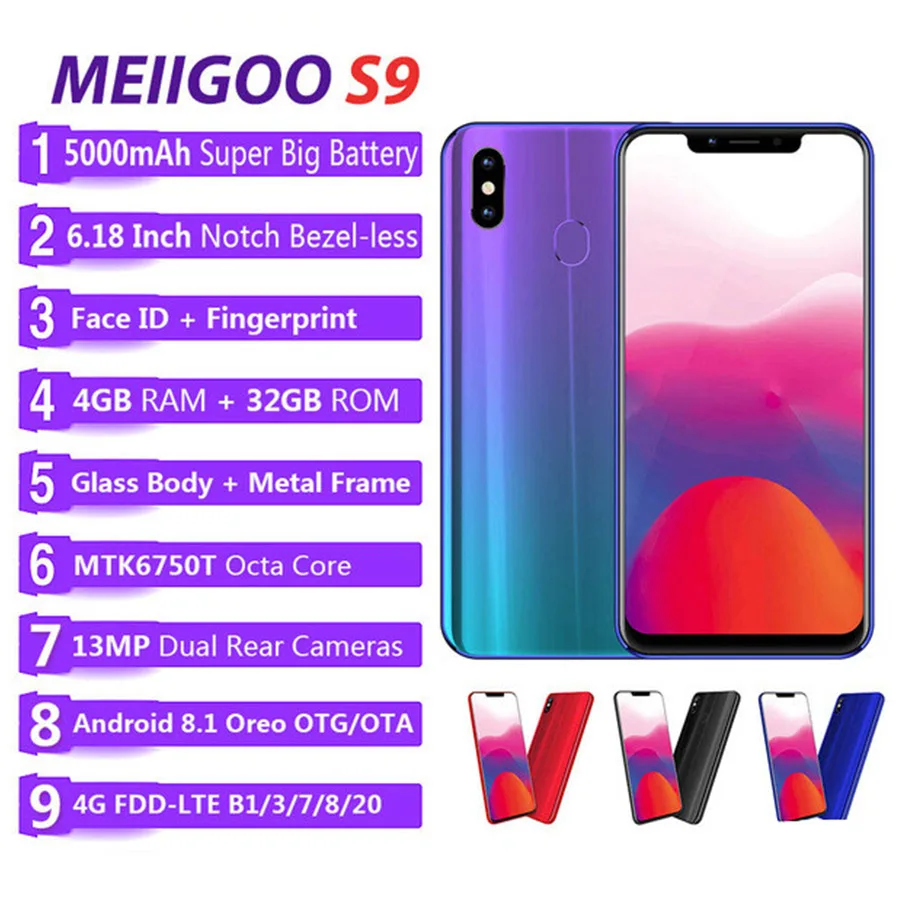 MEIIGOO S9 6 18 &quotFHD Android 8 1 4 Гб ОЗУ 32 ПЗУ MTK6750T восьмиядерный смартфон 5000 мАч 4G LTE 13MP Лицо ID