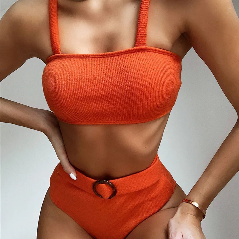 Винтажное бикини 2020 купальник бандо пуш ап с поясом Женская однотонная одежда