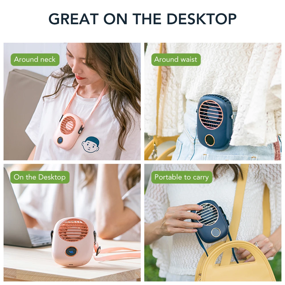 

Mini Neck Fan Portable USB Handheld Fans Travel Small Cooling Fan LED Display Low Noise Silent Desktop Fan for Indoor Outdoor