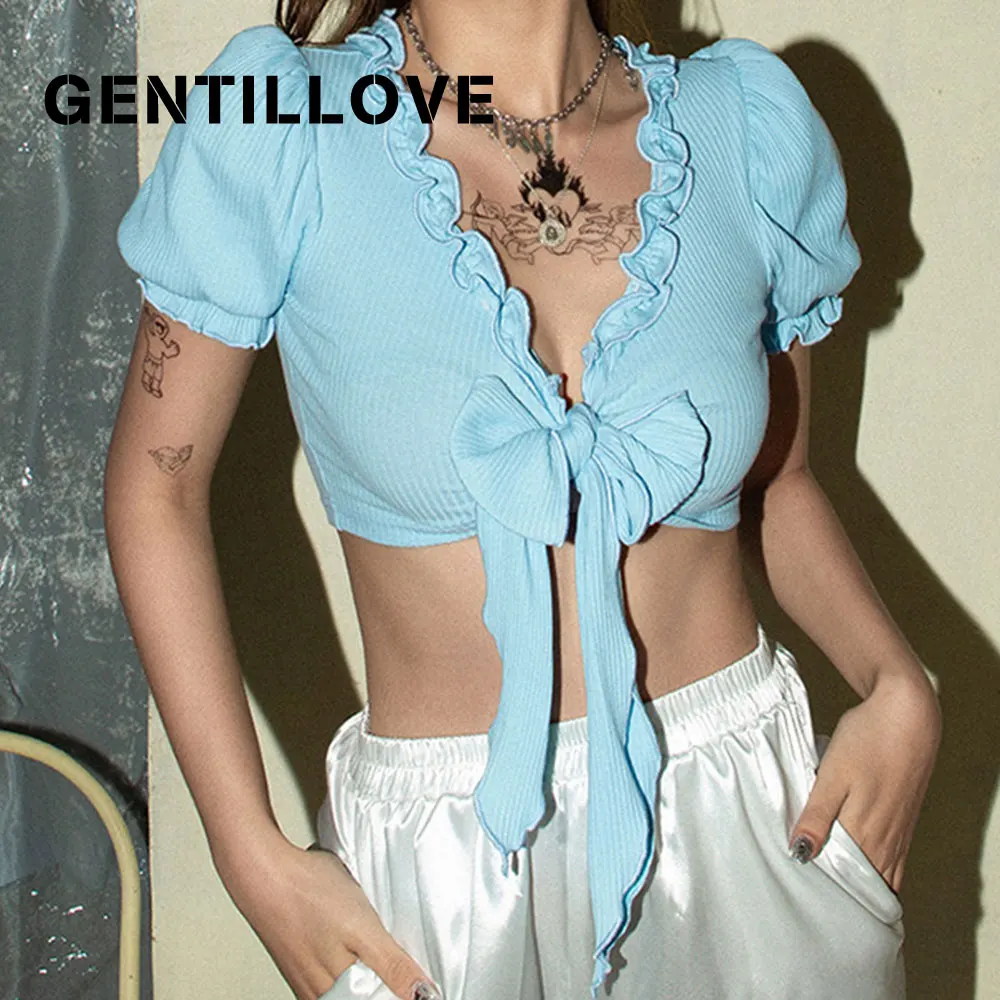

Ruffles Knitted V-Neck Tie T-Shirts Elegant Puff Sleeve Sexy Bow Crop Tops Y2K Solid Tank Tops Bandage Tshirts Club Streetwear