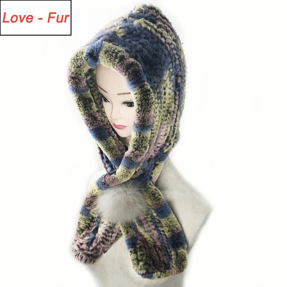 Женский вязаный шарф с капюшоном модный из натурального кроличьего меха Рекс на