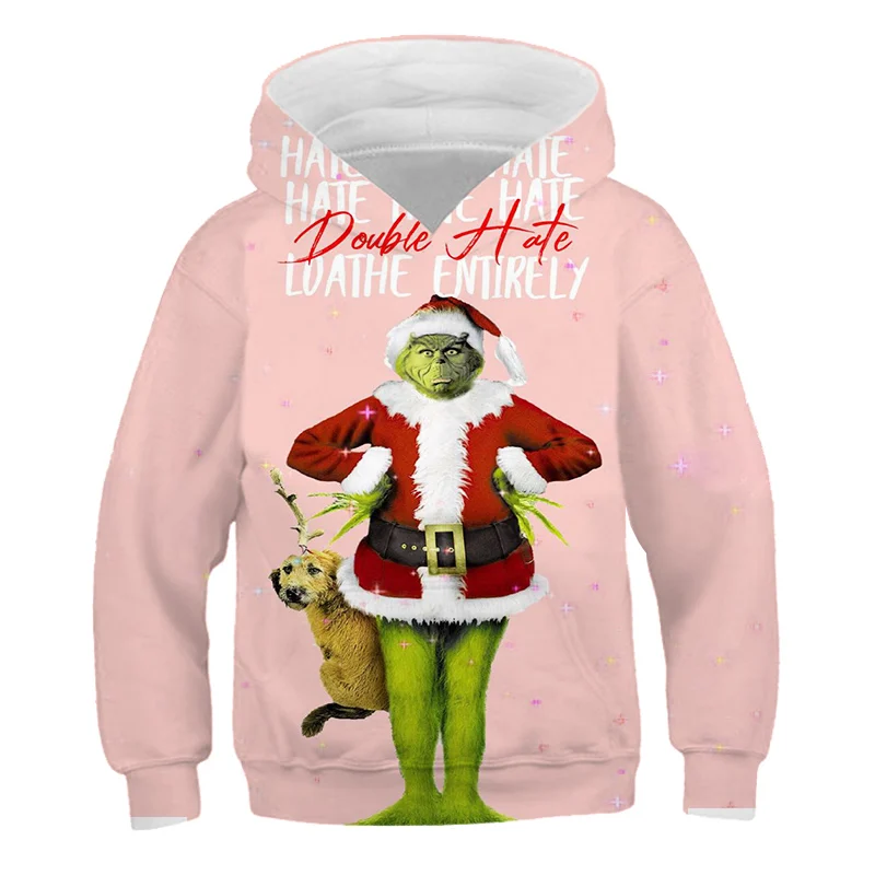 

3D Green Print Grinch Hoodies Kids Clothes Autumn Christmas Winter Children's Sweatshirt Plus Velvet Long-Sleeved Sweater Tops