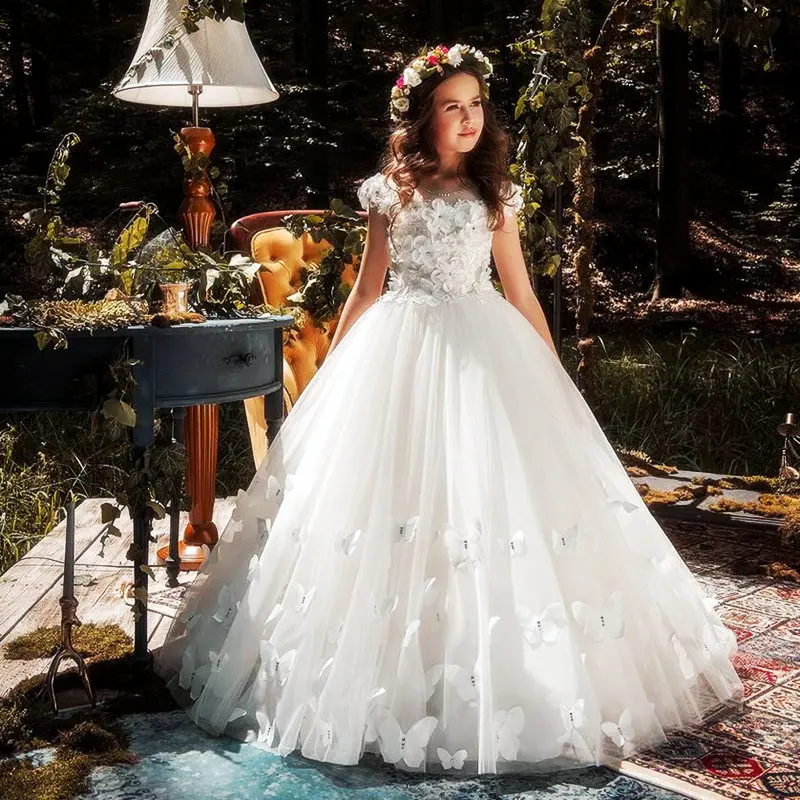 Flower Girl Dresses Butterfly Applique Applique Pageant Dresses For Girls First Communion Dresses Kids Prom Dresses