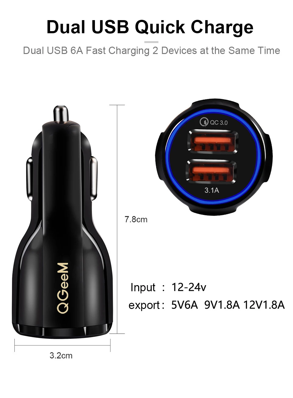 Автомобильное зарядное устройство QGEEM Dual USB QC 3,0, быстрая зарядка 3,0, автомобильное зарядное устройство, 2 порта, USB портативное зарядное устройство для iPhone Xiaomi