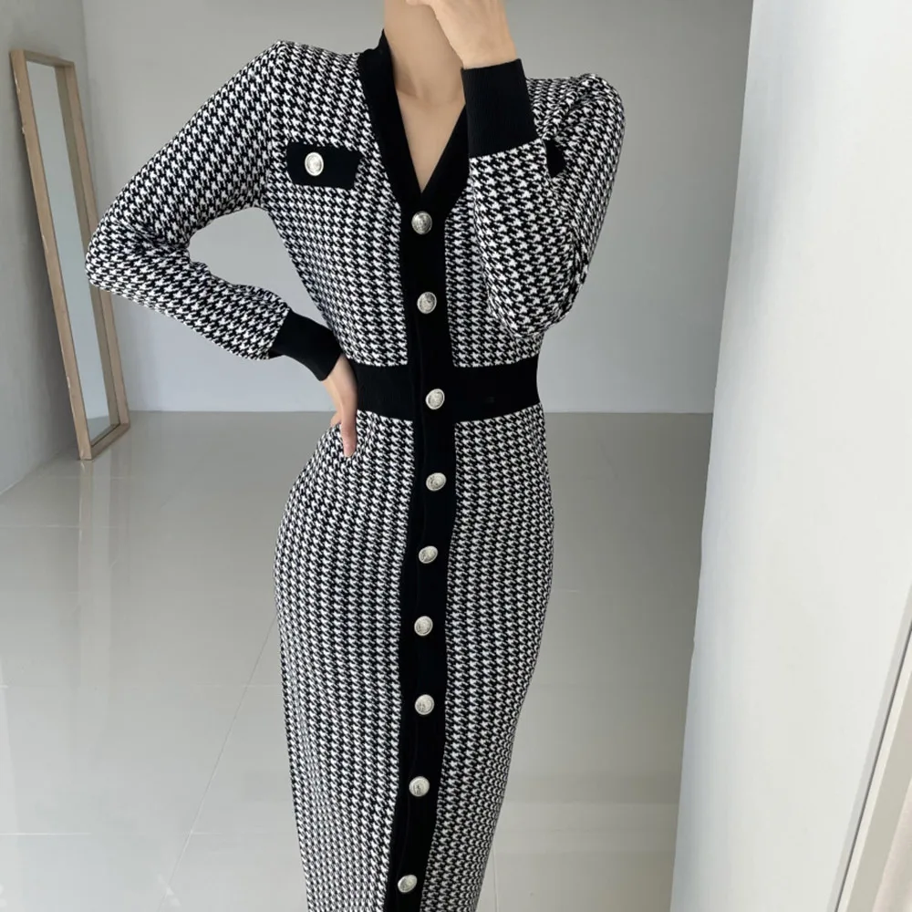 

2021 New Autumn Winter V-neck Sweater Dress Korea Chic Single-Breasted Knit Long Dress Vestidos Sexy Bodycon Party Dress Women