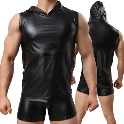 Новинка, сексуальные футболки из искусственной кожи, классные мужские ночные рубашки с капюшоном, кожаная приталенная рубашка, жилет высокого качества FX1022