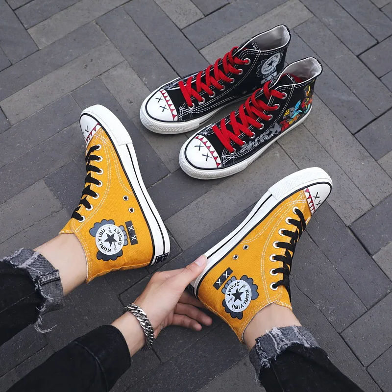 

Spring Autumn 2020 Men Canvas Shoes Vulcanize Shoes Men Fashion Mixed Color Lace-Up Breathable High Top Sneakers Plus Size 35-44