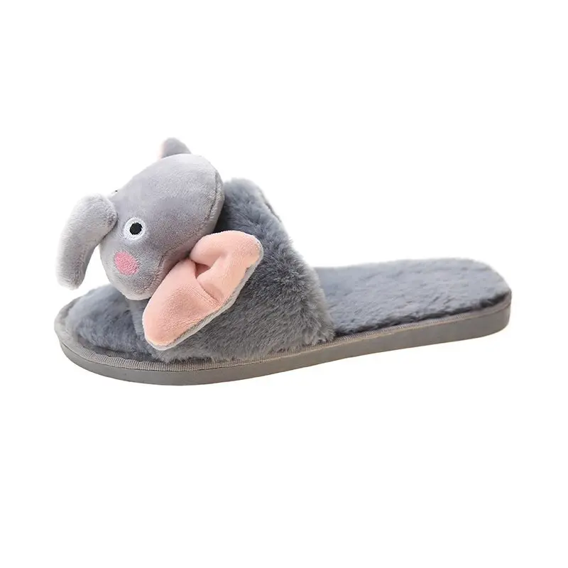 Indoor Winter Women Fur Slippers Cute Cartoon Animal Elephant Funny Girls Furry Slipeprs Bedroom Flats Ladies Shoes | Обувь